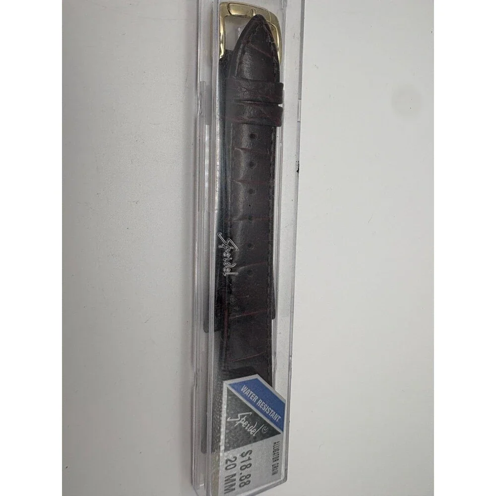 NOS Vintage Speidel 20mm Brown Alligator Grain Leather Watch Band Strap Gold Ton